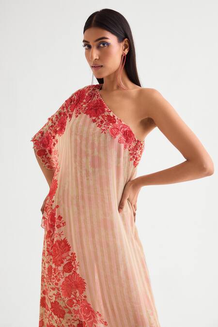 Buy_Namrata Joshipura_Beige Georgette Sequins One Shoulder Floral Print Jumpsuit _Online_at_Aza_Fashions