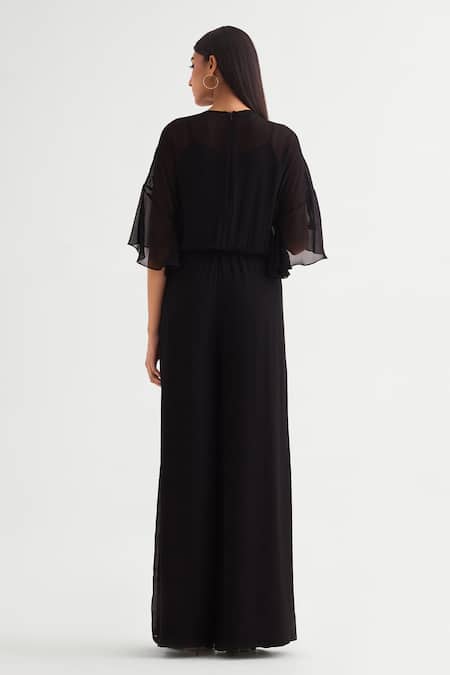 Shop Namrata Joshipura Black Georgette Embroidery Round Neck 3d Floral Vine Jumpsuit at Aza Fashions Shop_Namrata Joshipura_Black Georgette Embroidery Round Neck 3d Floral Vine Jumpsuit _at_Aza_Fashions