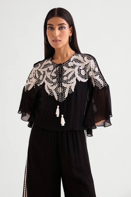 Namrata Joshipura Black Georgette Embroidery Round Neck 3d Floral Vine Jumpsuit Online at Aza Fashions Namrata Joshipura_Black Georgette Embroidery Round Neck 3d Floral Vine Jumpsuit _Online_at_Aza_Fashions
