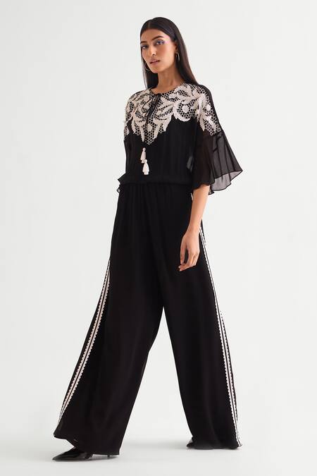 Buy Namrata Joshipura Black Georgette Embroidery Round Neck 3d Floral Vine Jumpsuit Online at Aza Fashions Buy_Namrata Joshipura_Black Georgette Embroidery Round Neck 3d Floral Vine Jumpsuit _Online_at_Aza_Fashions