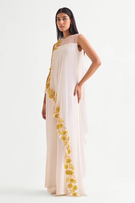 Namrata Joshipura_Ivory Georgette Fabric Flowers Round Neck Asymmetric Panelled Jumpsuit _Online_at_Aza_Fashions
