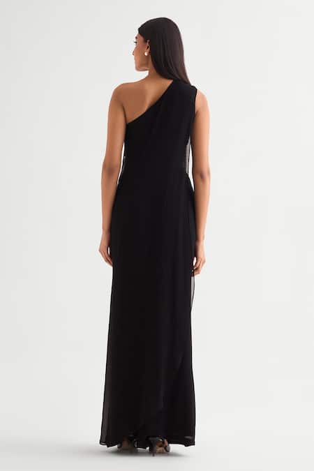 Shop Namrata Joshipura Black Georgette Applique One Shoulder Floral Jumpsuit at Aza Fashions Shop_Namrata Joshipura_Black Georgette Applique One Shoulder Floral Jumpsuit _at_Aza_Fashions