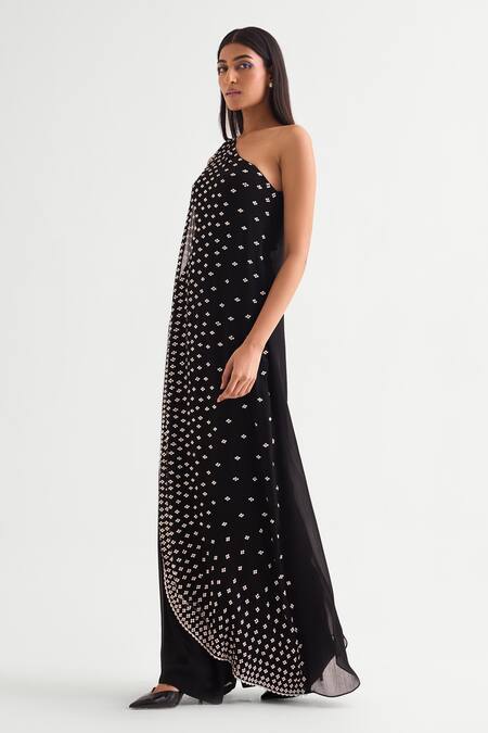 Buy Namrata Joshipura Black Georgette Applique One Shoulder Floral Jumpsuit Online at Aza Fashions Buy_Namrata Joshipura_Black Georgette Applique One Shoulder Floral Jumpsuit _Online_at_Aza_Fashions