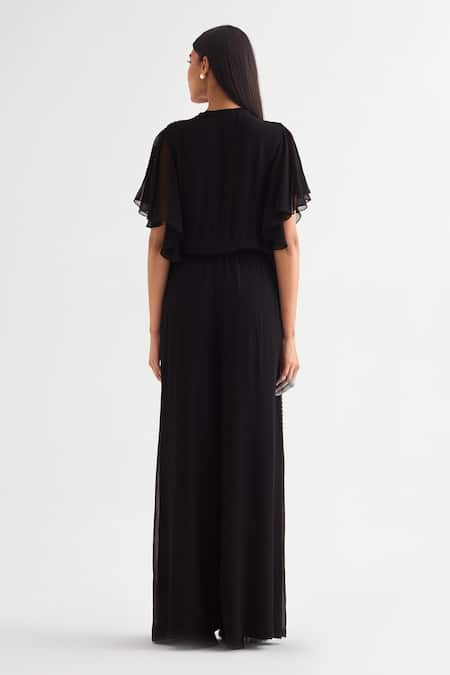 Shop_Namrata Joshipura_Black Georgette Sequins Round Neck Floral Embellished Jumpsuit _at_Aza_Fashions