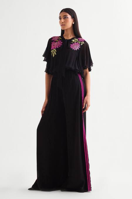 Namrata Joshipura_Black Georgette Sequins Round Neck Floral Embellished Jumpsuit _Online_at_Aza_Fashions