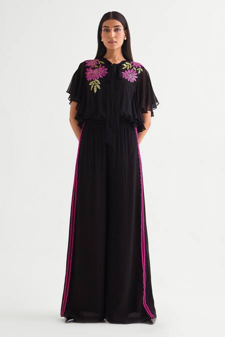 Buy_Namrata Joshipura_Black Georgette Sequins Round Neck Floral Embellished Jumpsuit _Online_at_Aza_Fashions