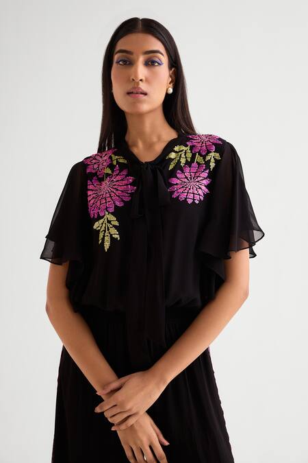 Shop_Namrata Joshipura_Black Georgette Sequins Round Neck Floral Embellished Jumpsuit _Online_at_Aza_Fashions