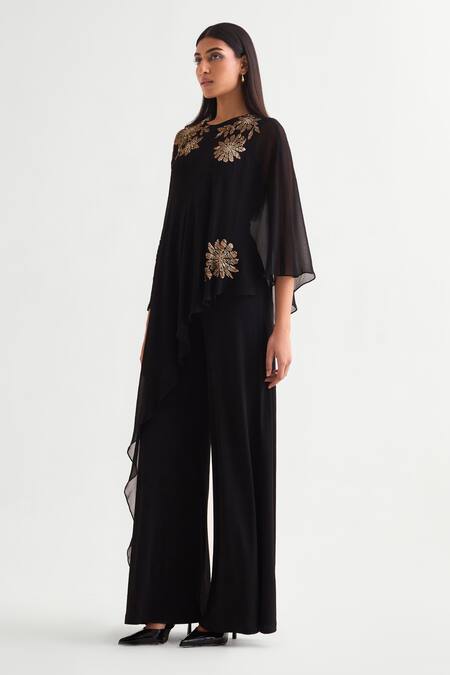 Namrata Joshipura_Black Georgette, Jersey Sequins Round Zoey Embellished Front Panel Jumpsuit _Online_at_Aza_Fashions