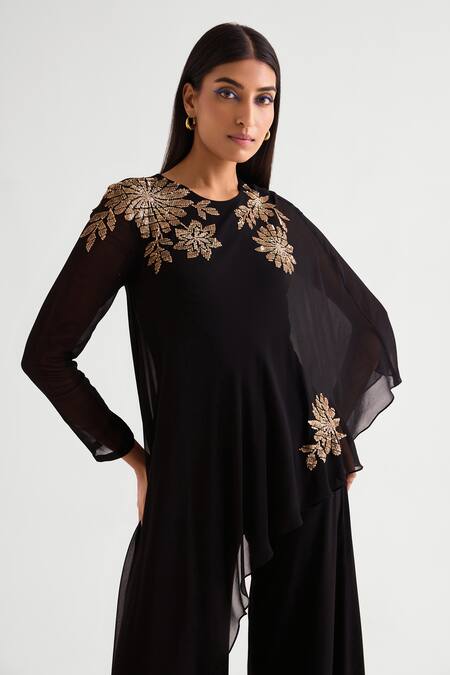 Buy_Namrata Joshipura_Black Georgette, Jersey Sequins Round Zoey Embellished Front Panel Jumpsuit _Online_at_Aza_Fashions