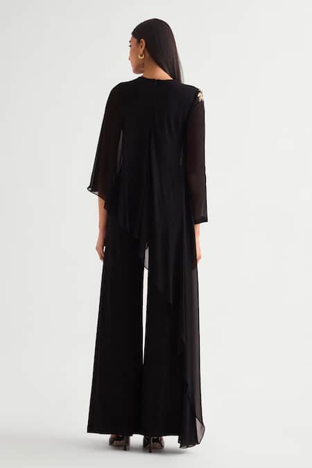 Shop_Namrata Joshipura_Black Georgette, Jersey Sequins Round Zoey Embellished Front Panel Jumpsuit _at_Aza_Fashions