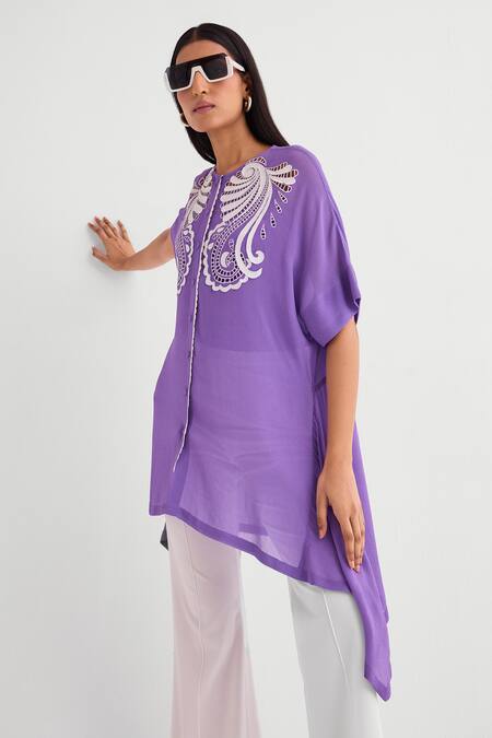 Namrata Joshipura Purple Georgette Embroidery Round Neck Amethyst Cutwork Asymmetric Tunic Online at Aza Fashions Namrata Joshipura_Purple Georgette Embroidery Round Neck Amethyst Cutwork Asymmetric Tunic _Online_at_Aza_Fashions