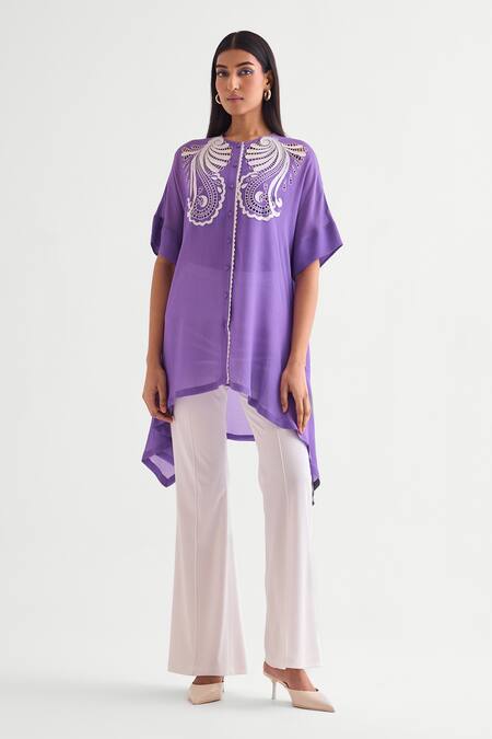 Buy Namrata Joshipura Purple Georgette Embroidery Round Neck Amethyst Cutwork Asymmetric Tunic Online at Aza Fashions Buy_Namrata Joshipura_Purple Georgette Embroidery Round Neck Amethyst Cutwork Asymmetric Tunic _Online_at_Aza_Fashions