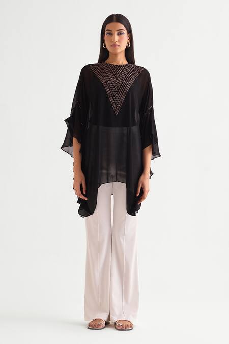 Namrata Joshipura_Black Georgette Beads Crew Neck Embellished Asymmetric Tunic _Online_at_Aza_Fashions