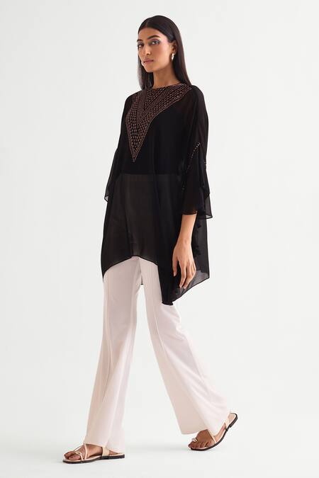 Buy_Namrata Joshipura_Black Georgette Beads Crew Neck Embellished Asymmetric Tunic _Online_at_Aza_Fashions