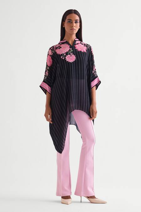 Namrata Joshipura Black Georgette Pearls Collared Floral Embellished Asymmetric Tunic Online at Aza Fashions Namrata Joshipura_Black Georgette Pearls Collared Floral Embellished Asymmetric Tunic _Online_at_Aza_Fashions