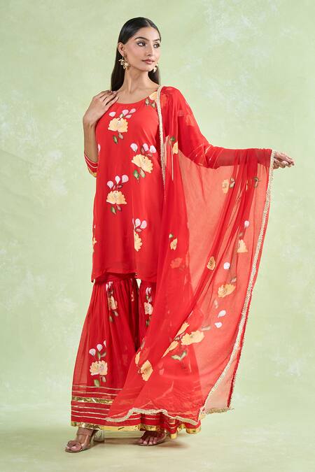 Shop_Samyukta Singhania_Red Organza Lace Round Neck Floral Hand Painted Kurta Sharara Set _Online_at_Aza_Fashions