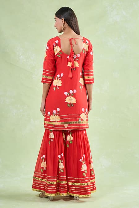 Shop_Samyukta Singhania_Red Organza Lace Round Neck Floral Hand Painted Kurta Sharara Set _at_Aza_Fashions