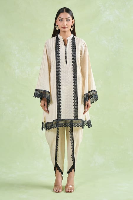 Buy Naintara Bajaj Beige Cotton Embroidery, Lace Mandarin Collar Floral Schiffli Kurta And Dhoti Set Online at Aza Fashions Buy_Naintara Bajaj_Beige Cotton Embroidery, Lace Mandarin Collar Floral Schiffli Kurta And Dhoti Set _Online_at_Aza_Fashions