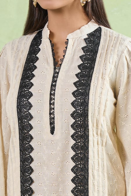 Naintara Bajaj Beige Cotton Embroidery, Lace Mandarin Collar Floral Schiffli Kurta And Dhoti Set at Aza Fashions Naintara Bajaj_Beige Cotton Embroidery, Lace Mandarin Collar Floral Schiffli Kurta And Dhoti Set _at_Aza_Fashions