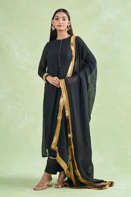 Naintara Bajaj_Black Organza Beads, Sequins, Lace Round Neck Embellished Kurta Set With Dupatta _at_Aza_Fashions