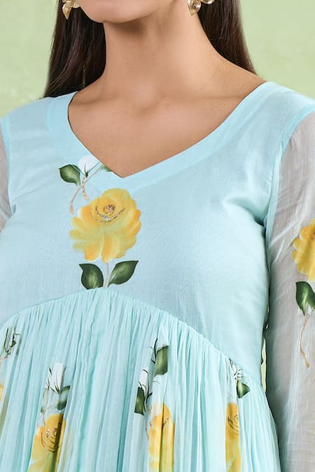 Samyukta Singhania_Blue Floral Hand Painted Anarkali Set _Online_at_Aza_Fashions