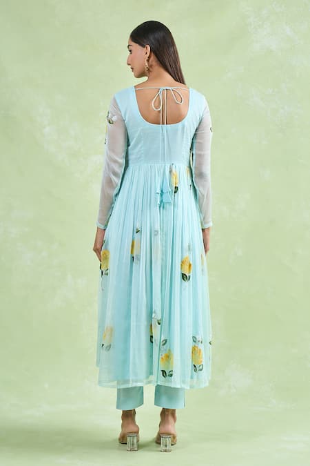 Shop_Samyukta Singhania_Blue Floral Hand Painted Anarkali Set _at_Aza_Fashions