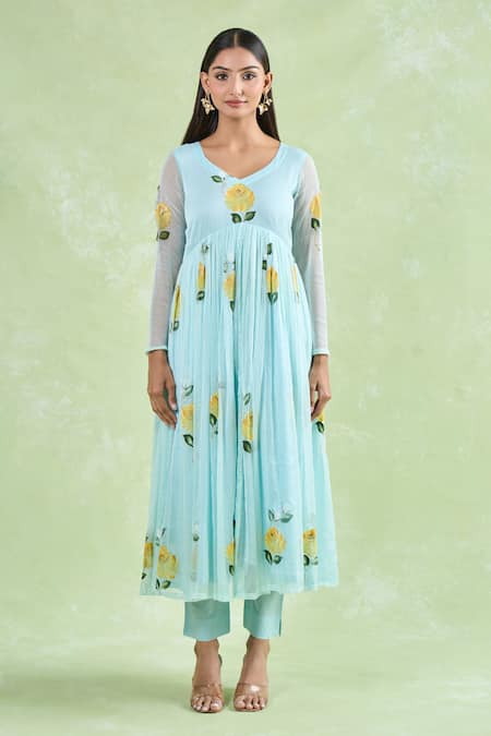 Shop_Samyukta Singhania_Blue Floral Hand Painted Anarkali Set _Online_at_Aza_Fashions