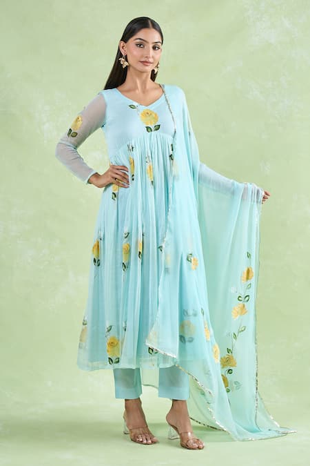 Samyukta Singhania_Blue Floral Hand Painted Anarkali Set _at_Aza_Fashions