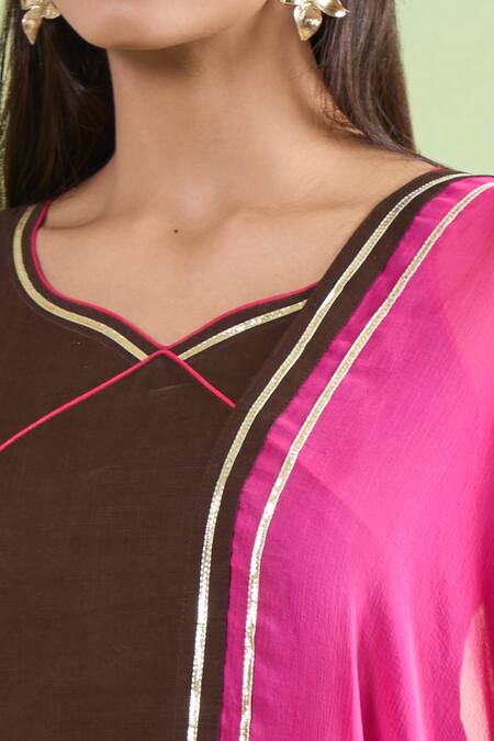 Naintara Bajaj_Brown Cotton, Chiffon Gota Patti Border Kurta Pant Set _Online_at_Aza_Fashions
