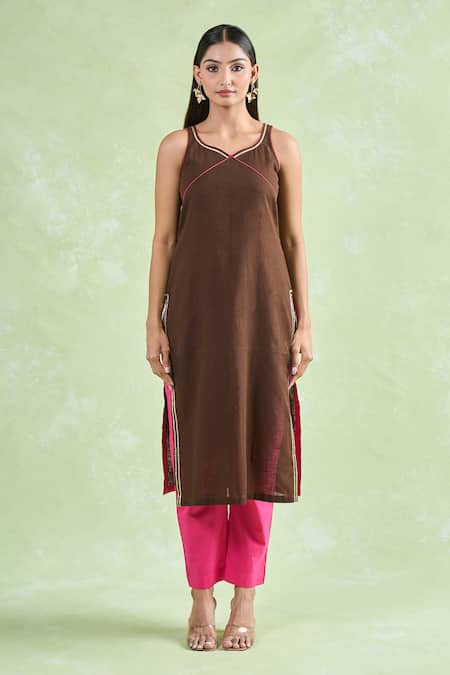 Buy_Naintara Bajaj_Brown Cotton, Chiffon Gota Patti Border Kurta Pant Set _Online_at_Aza_Fashions