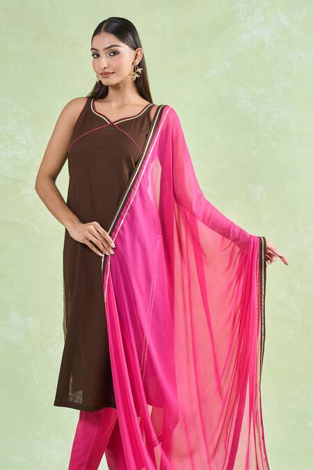 Naintara Bajaj_Brown Cotton, Chiffon Gota Patti Border Kurta Pant Set _at_Aza_Fashions