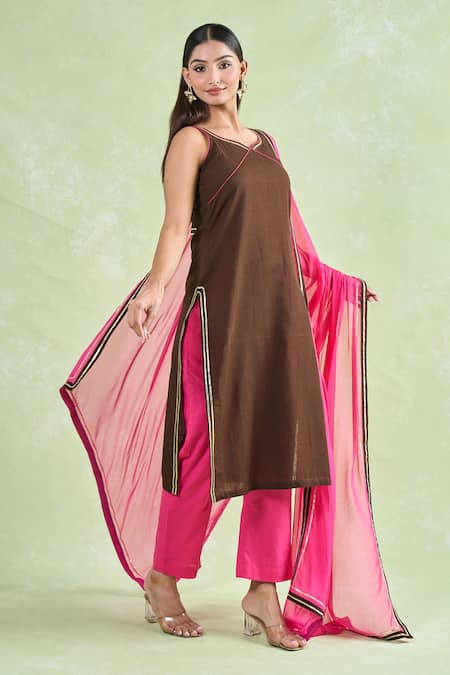 Buy_Naintara Bajaj_Brown Cotton, Chiffon Gota Patti Border Kurta Pant Set 