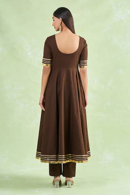 Shop Naintara Bajaj Brown Cotton, Chiffon Gota Patti Round Neck Lace Border Anarkali Pant Set at Aza Fashions Shop_Naintara Bajaj_Brown Cotton, Chiffon Gota Patti Round Neck Lace Border Anarkali Pant Set _at_Aza_Fashions