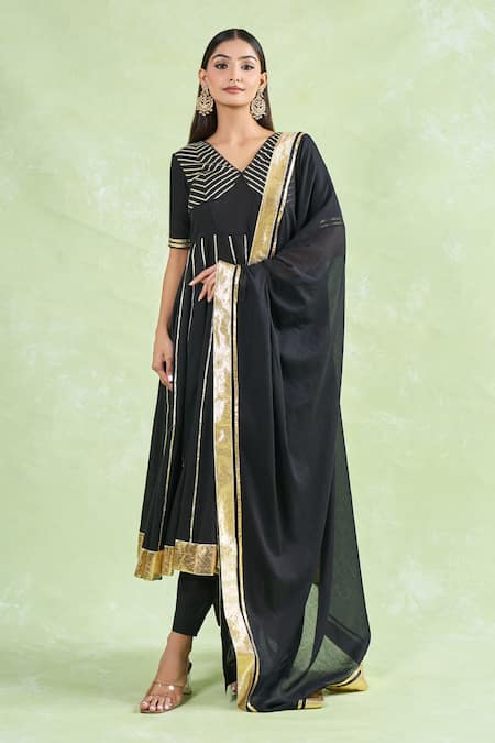 Buy Samyukta Singhania Black Cotton Gota Patti Round Neck Lace Anarkali Pant Set Online at Aza Fashions Buy_Samyukta Singhania_Black Cotton Gota Patti Round Neck Lace Anarkali Pant Set _Online_at_Aza_Fashions