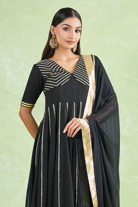 Samyukta Singhania Black Cotton Gota Patti Round Neck Lace Anarkali Pant Set at Aza Fashions Samyukta Singhania_Black Cotton Gota Patti Round Neck Lace Anarkali Pant Set _at_Aza_Fashions