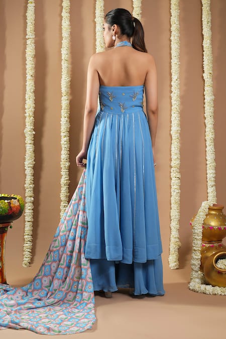 Shop_Ahi Clothing_Blue Georgette, Cotton Metallic Thread Halter Neck Hand Embroidered Anarkali Set _at_Aza_Fashions