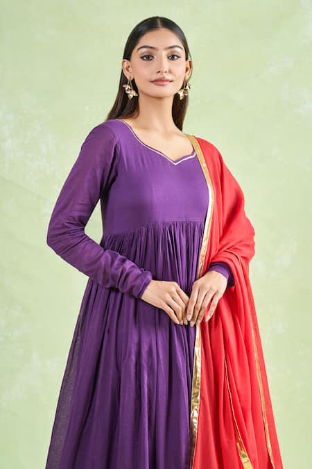 Buy_Samyukta Singhania_Purple Cotton Gota Patti Lace Hem Anarkali Pant Set _Online_at_Aza_Fashions
