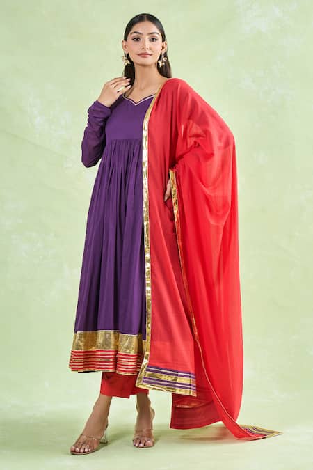 Shop_Samyukta Singhania_Purple Cotton Gota Patti Lace Hem Anarkali Pant Set _Online_at_Aza_Fashions