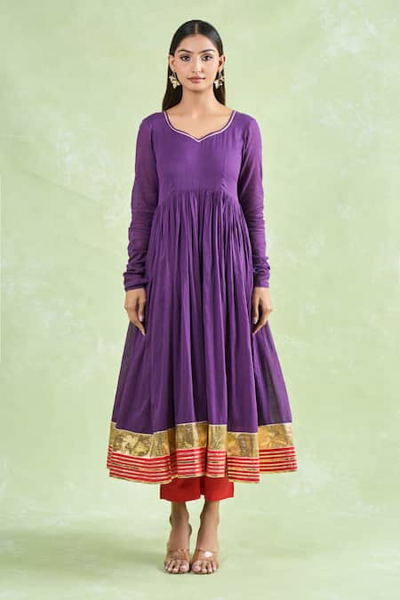 Samyukta Singhania_Purple Cotton Gota Patti Lace Hem Anarkali Pant Set _at_Aza_Fashions