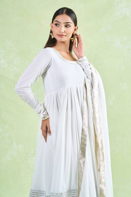 Buy_Samyukta Singhania_White Cotton Gota Patti Round Neck Work Anarkali Pant Set _Online_at_Aza_Fashions