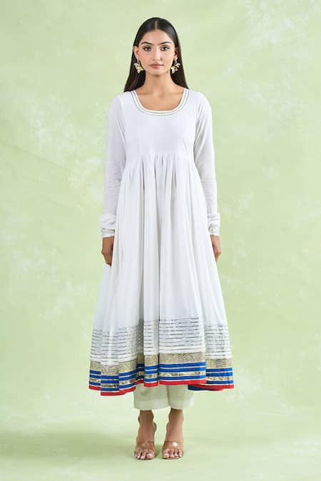 Shop_Samyukta Singhania_White Cotton Gota Patti Round Neck Work Anarkali Pant Set _Online_at_Aza_Fashions