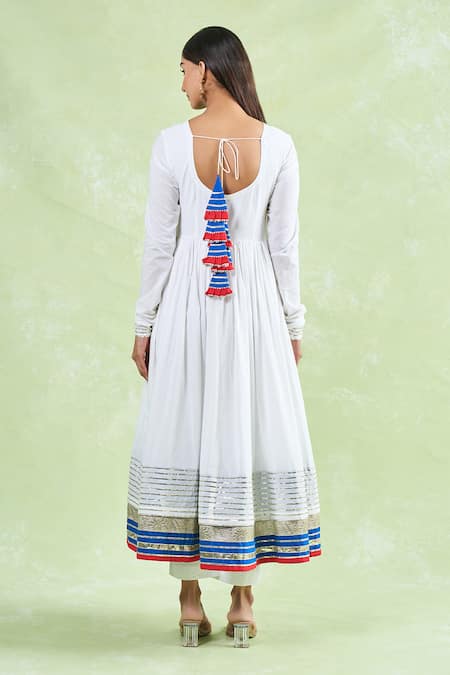 Shop_Samyukta Singhania_White Cotton Gota Patti Round Neck Work Anarkali Pant Set _at_Aza_Fashions