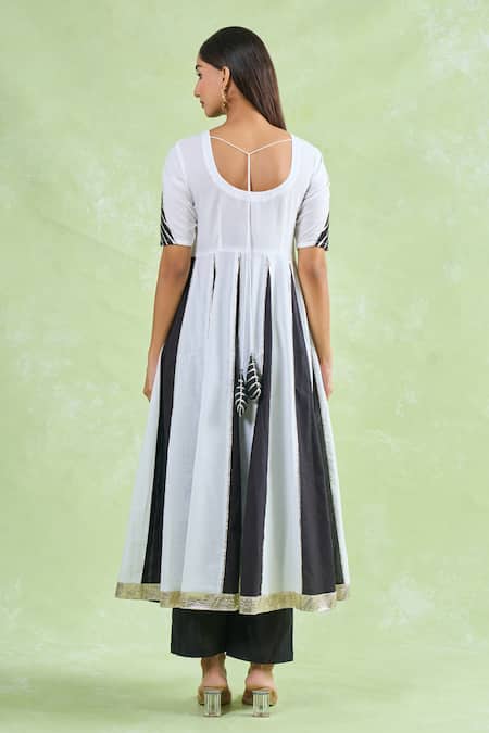 Shop_Samyukta Singhania_Black Cotton Gota Patti Round Neck Color Block Lace Anarkali Pant Set _at_Aza_Fashions