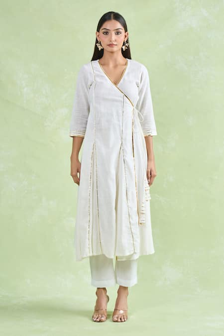 Buy_Samyukta Singhania_White Cotton Gota Patti V-neck Lace Work Angarkha Set With Pant _Online_at_Aza_Fashions
