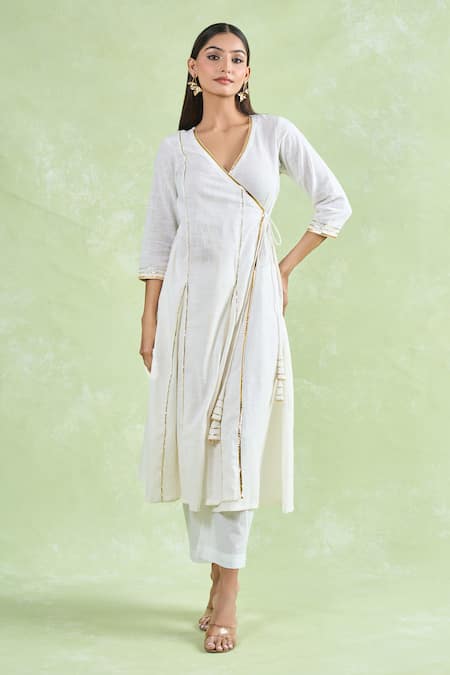 Shop_Samyukta Singhania_White Cotton Gota Patti V-neck Lace Work Angarkha Set With Pant _Online_at_Aza_Fashions