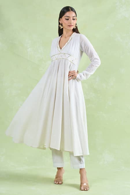 Shop Samyukta Singhania White Cotton Gota Patti V-neck Work Anarkali Set With Pant Online at Aza Fashions Shop_Samyukta Singhania_White Cotton Gota Patti V-neck Work Anarkali Set With Pant _Online_at_Aza_Fashions