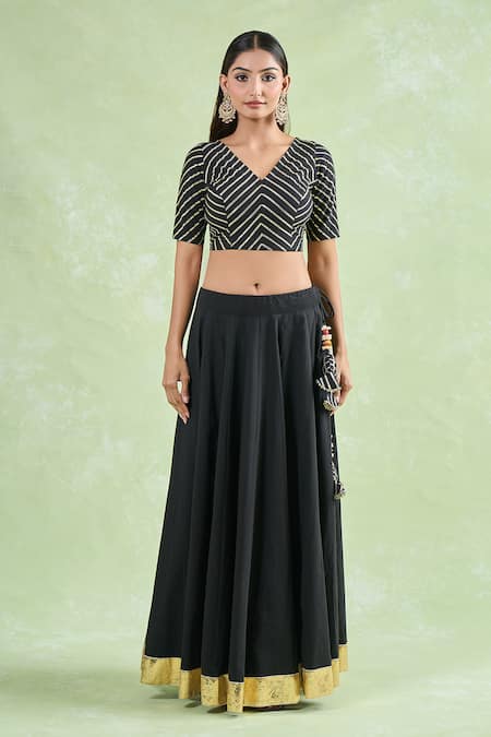 Shop_Naintara Bajaj_Black Cotton Gota Patti V-neck Work Lehenga Set _Online_at_Aza_Fashions