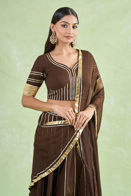 Naintara Bajaj_Brown Cotton, Chiffon Gota Patti Asymmetric Lace Stripe Lehenga Set _Online_at_Aza_Fashions