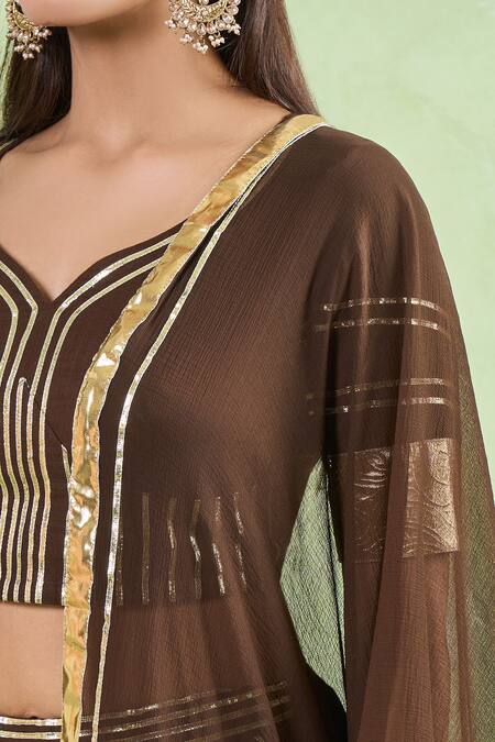 Buy_Naintara Bajaj_Brown Cotton, Chiffon Gota Patti Asymmetric Lace Stripe Lehenga Set _Online_at_Aza_Fashions