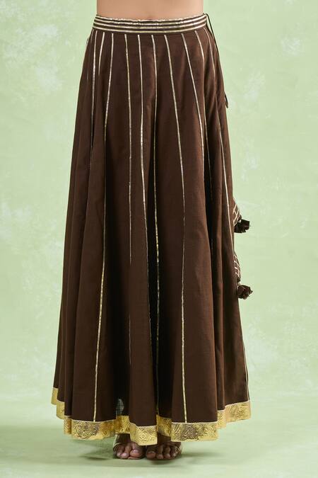 Shop_Naintara Bajaj_Brown Cotton, Chiffon Gota Patti Asymmetric Lace Stripe Lehenga Set _Online_at_Aza_Fashions